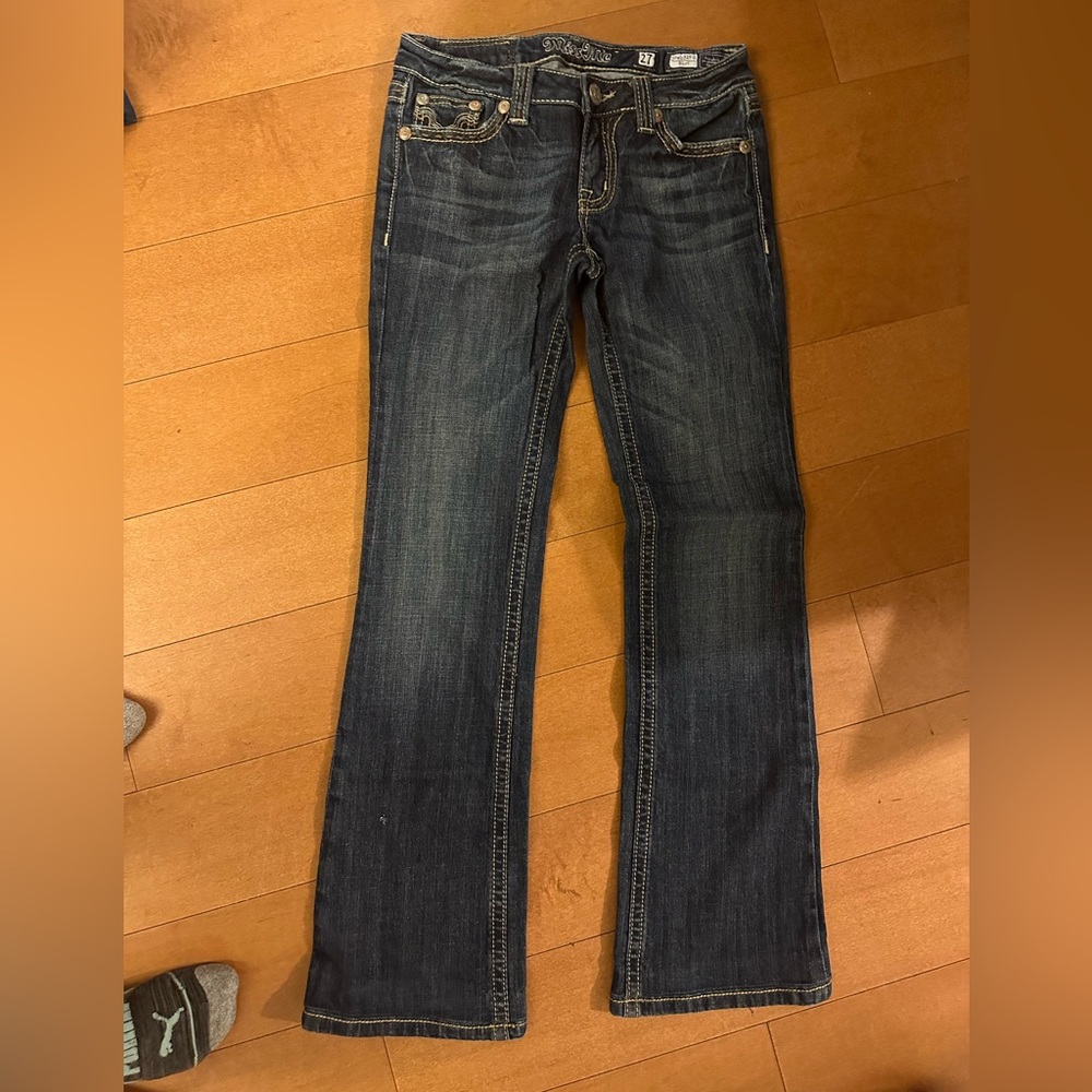 Miss Me Dark Blue Boot Cut Jeans with Brown & Cream Pocket Appliqué - Picture 6 of 8